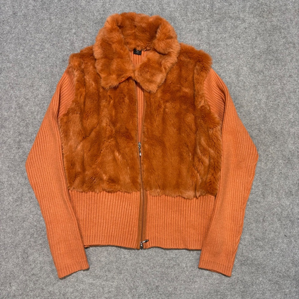 Capri Womens Orange Faux Fur Front Ribbed Knit Zip Up Cardigan Sweater Large